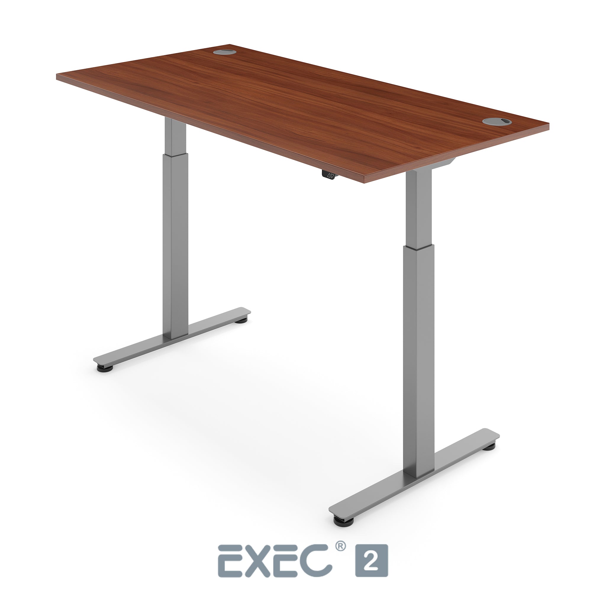 walnut height adjustable desk with silver frame