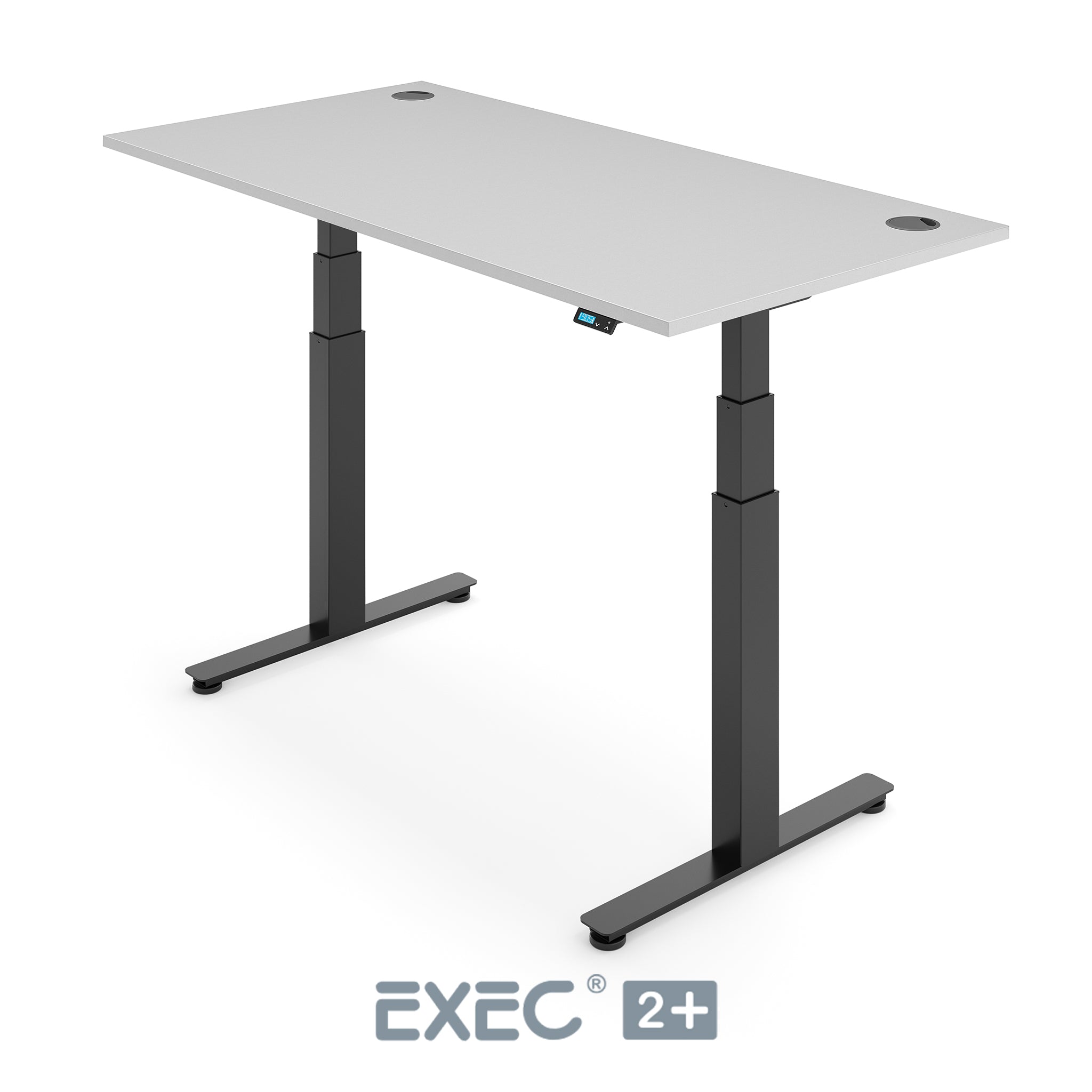 light grey height adjustable desk with black frame