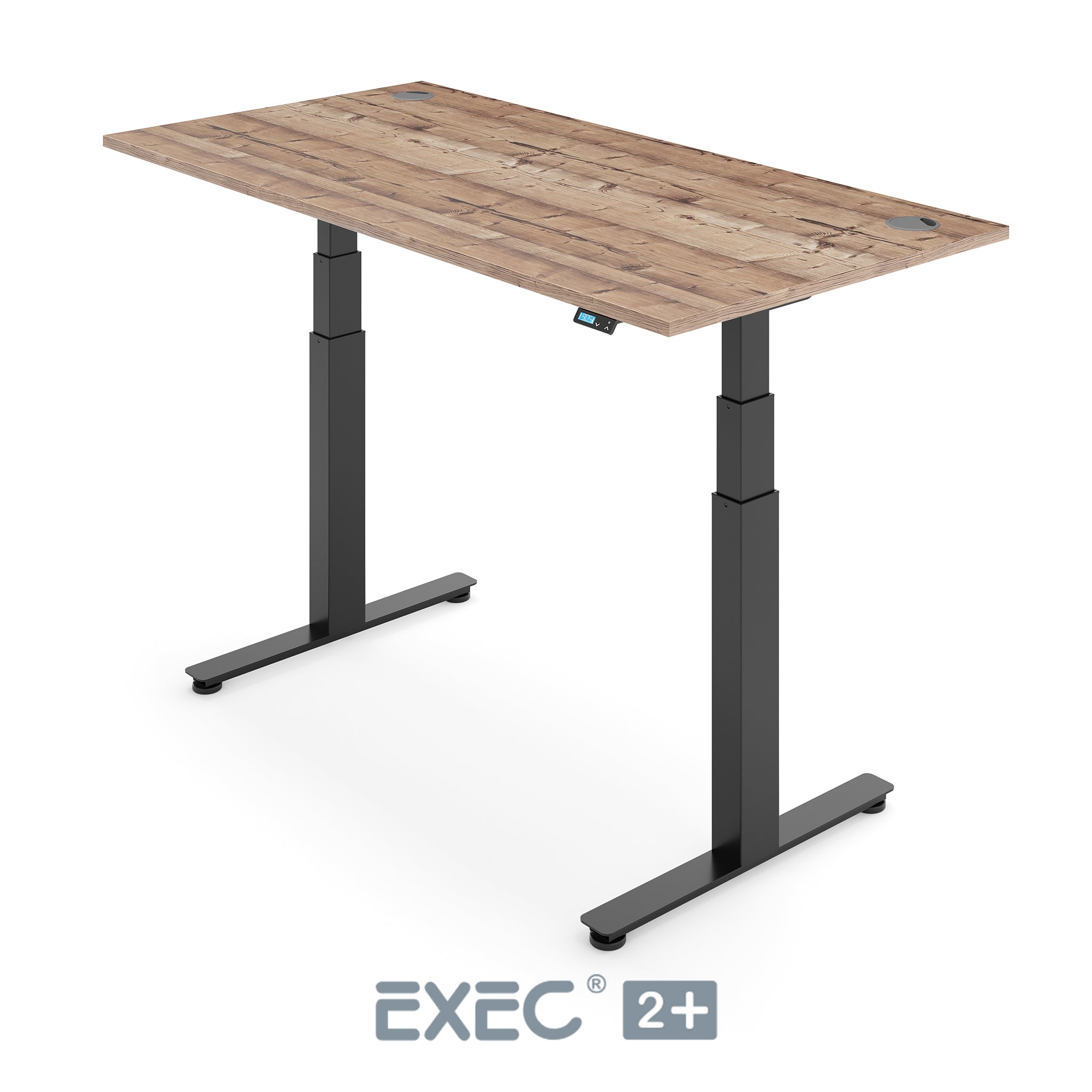 timber height adjustable desk with black frame