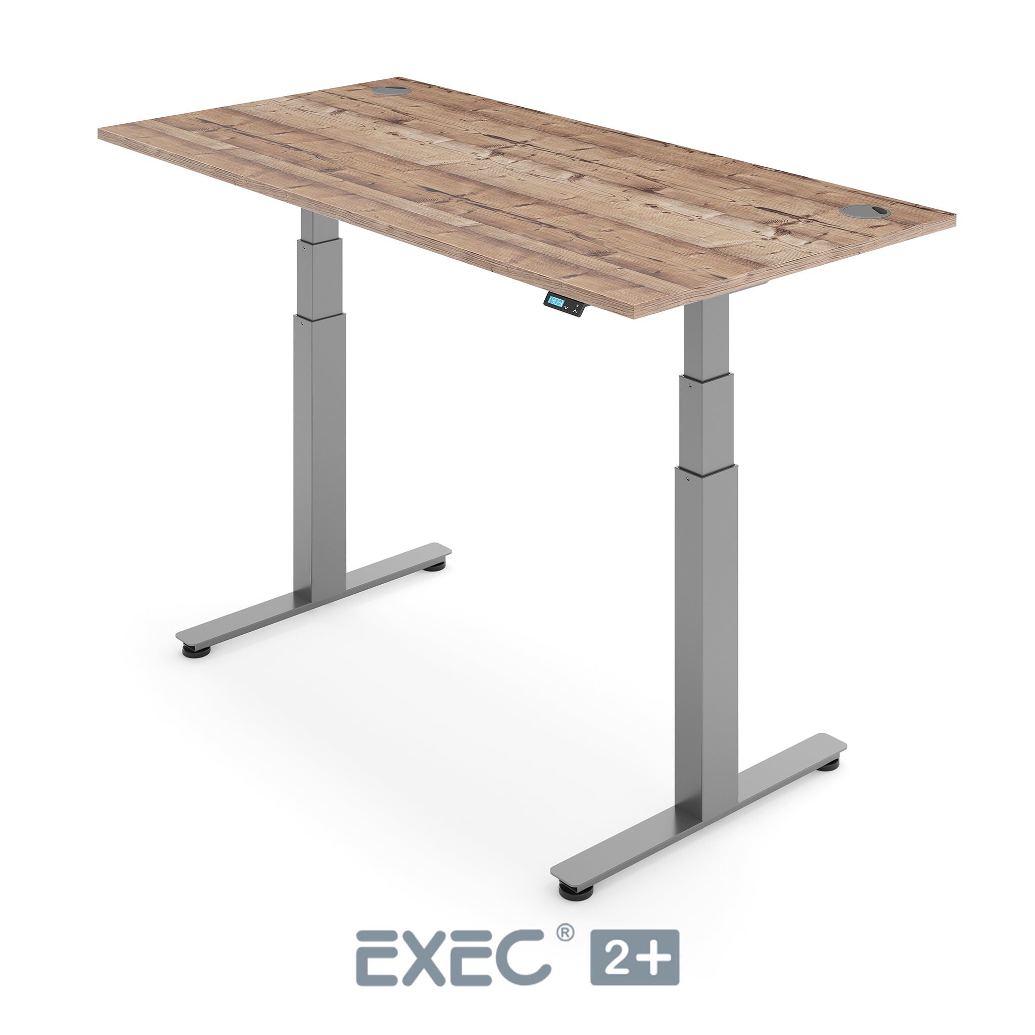 timber height adjustable desk with silver frame