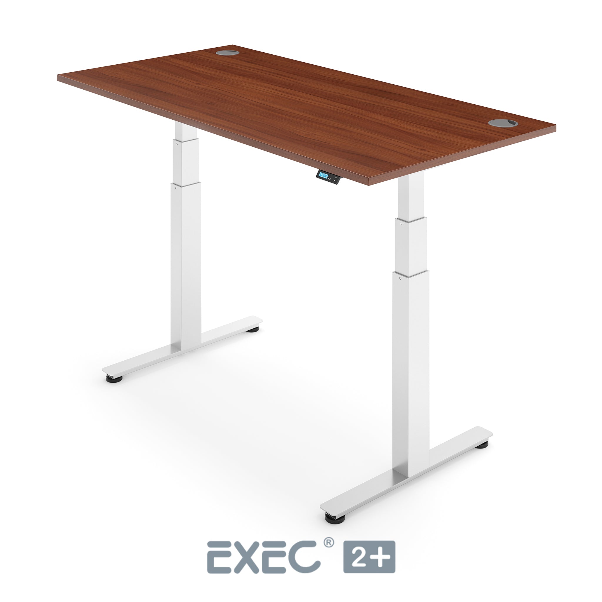 walnut height adjustable desk with white frame