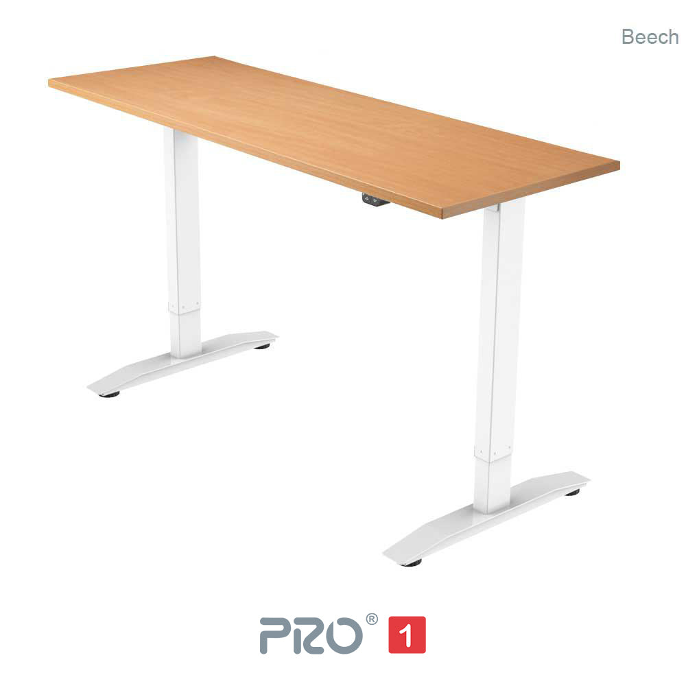 beech height adjustable desk with white frame