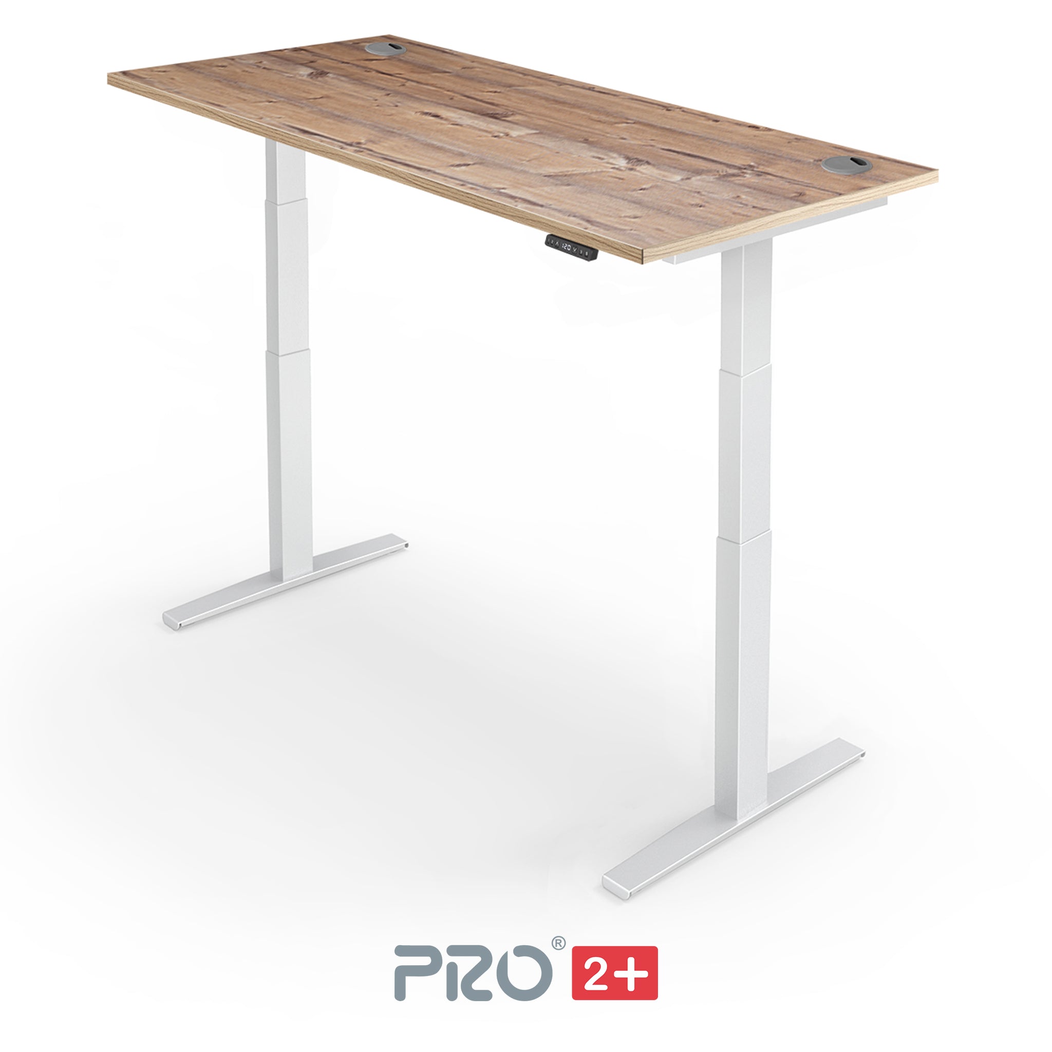 timber height adjustable desk with white frame